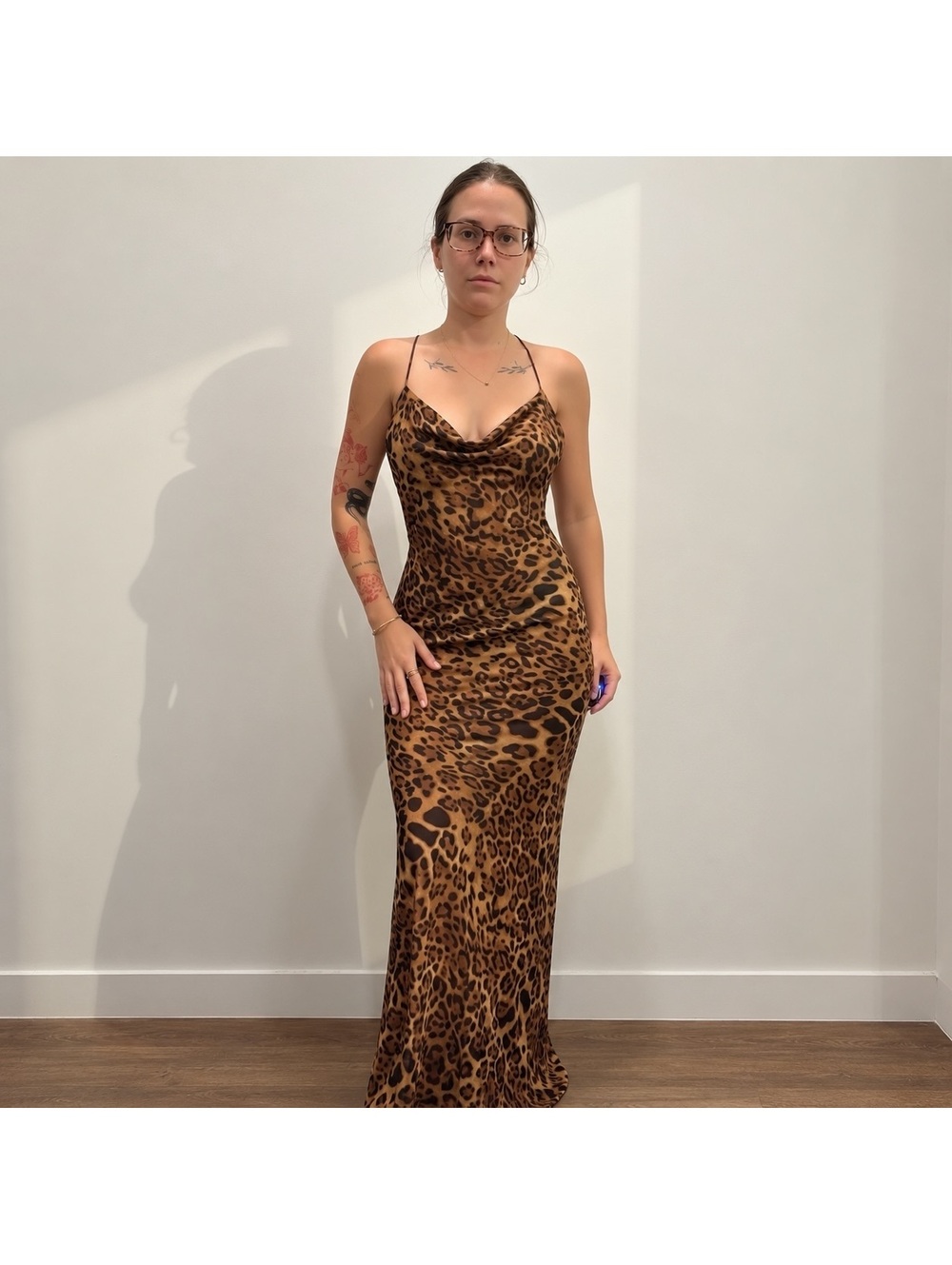 Vintage Leopard Print Cowl Neck Maxi Dress